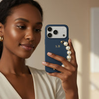 Blue Leather Magnetic iPhone Case with Pearl Strap