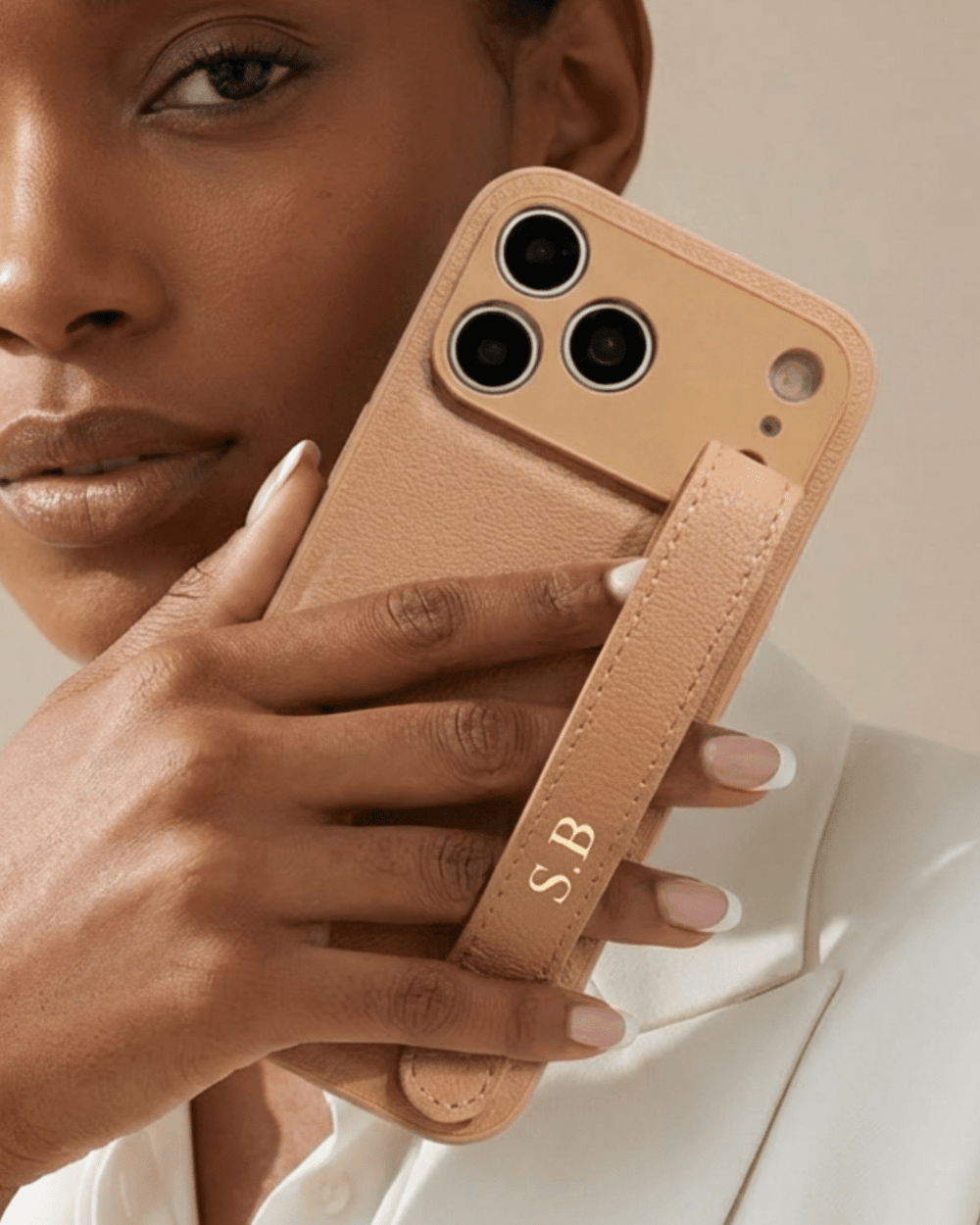 Beige Leather iPhone Case with Strap