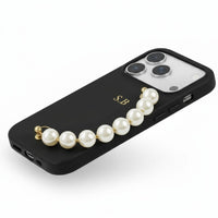 Black Leather Magnetic iPhone Case with Pearl Strap