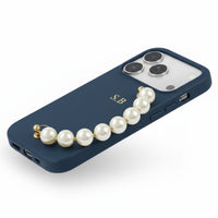 Blue Leather Magnetic iPhone Case with Pearl Strap