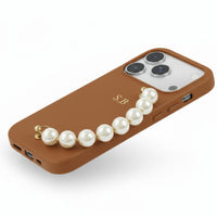 Brown Leather Magnetic iPhone Case with Pearl Strap