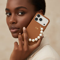Brown Leather Magnetic iPhone Case with Pearl Strap
