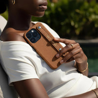 Brown Elegant Textured Leather iPhone Case with Metal Accents - Snap Bands