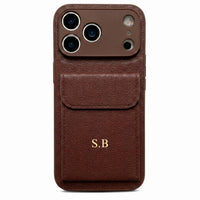 Brown Personalized Leather iPhone Case With Card Holder - Snap Bands