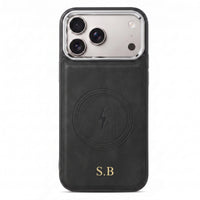 Black Wireless Charge Monogram Leather iPhone Case