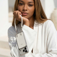 White Personalized Leather iPhone Case with Strap Handle