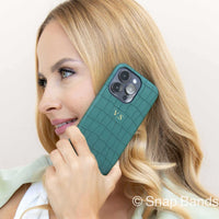 Green Crocodile Texture Personalized Leather iPhone Case - Snap Bands