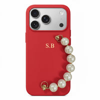 Red Leather Magnetic iPhone Case with Pearl Strap - Snap Bands