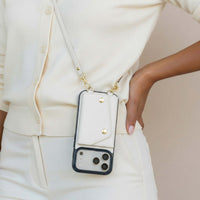 White Leather iPhone Case With Two Straps - Snap Bands