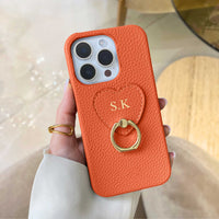 Orange-pebble-leather-personalized-iphone-case-with-gold-ring-holder