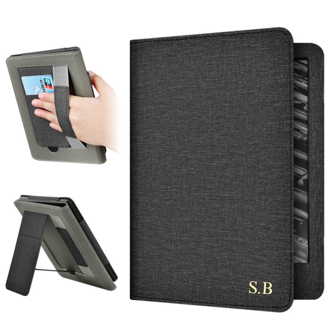 Black Leather Kindle Case with Hand Strap and Stand