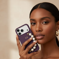 Purple Leather Magnetic iPhone Case with Pearl Strap