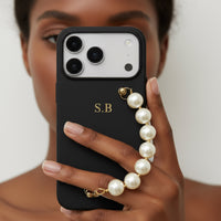 Black Leather Magnetic iPhone Case with Pearl Strap