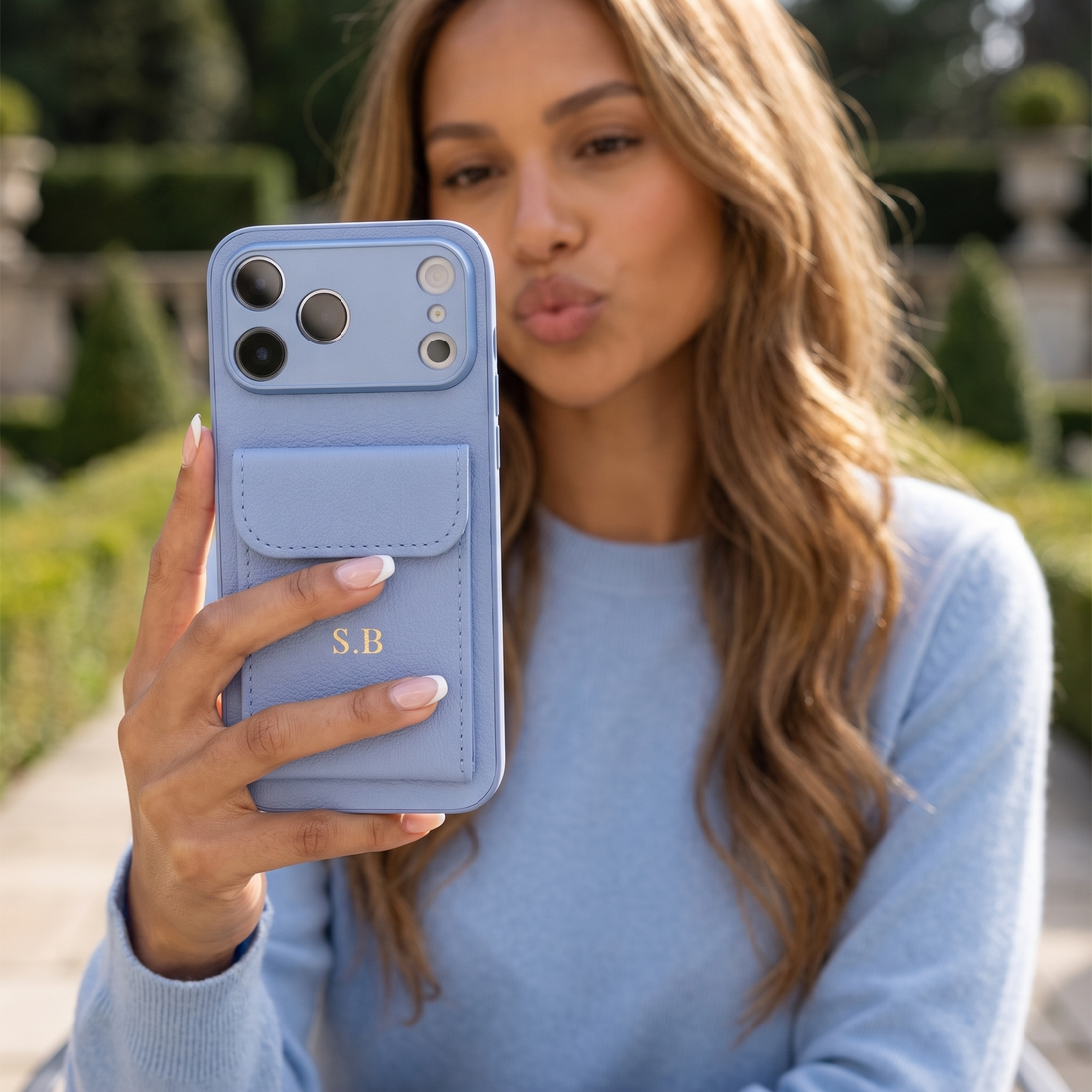 Light Blue Personalized Leather iPhone Case With Card Holder
