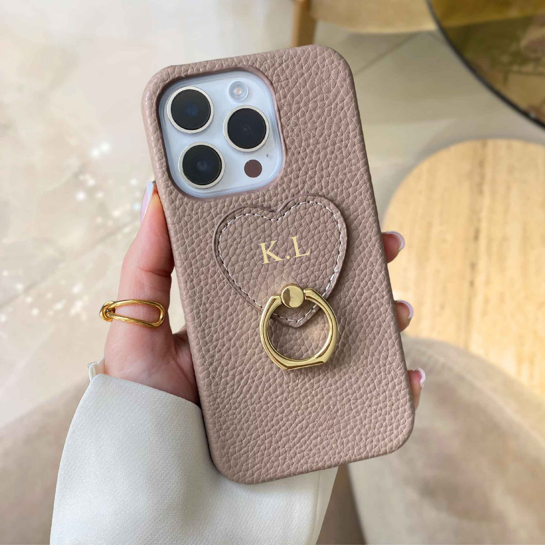 Khaki-pebble-leather-personalized-iphone-case-with-gold-ring-holder