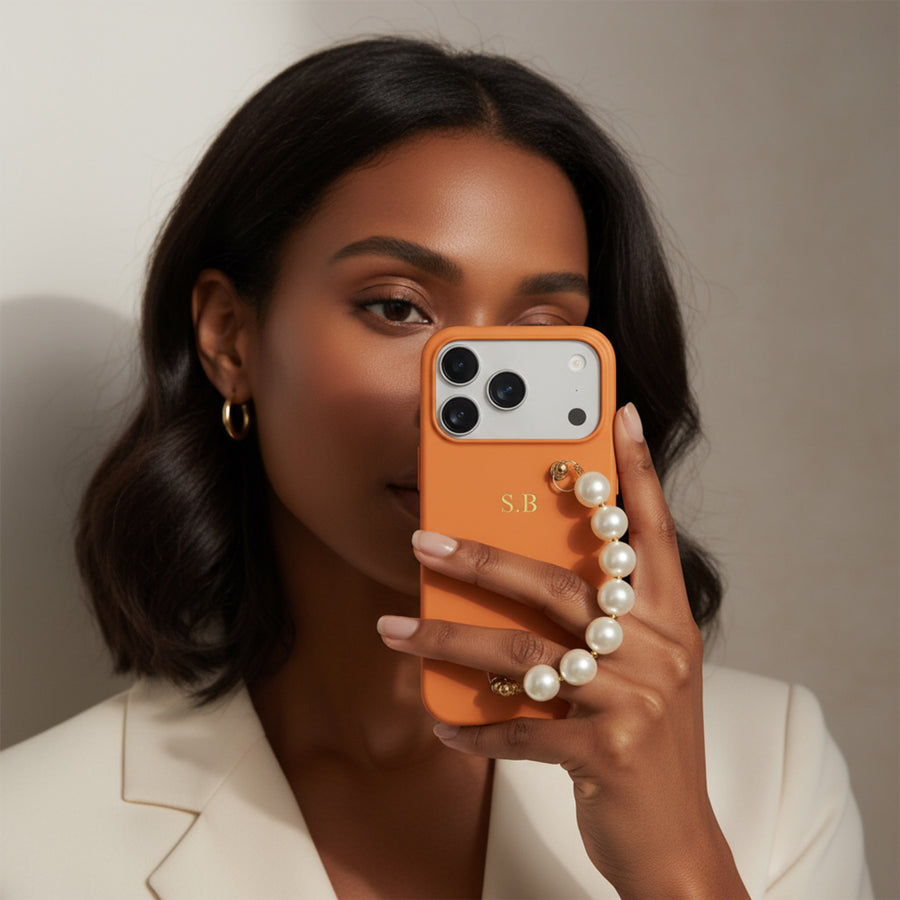 Orange Leather Magnetic iPhone Case with Pearl Strap