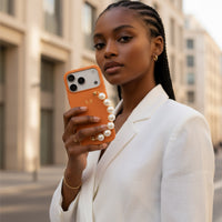 Orange Leather Magnetic iPhone Case with Pearl Strap