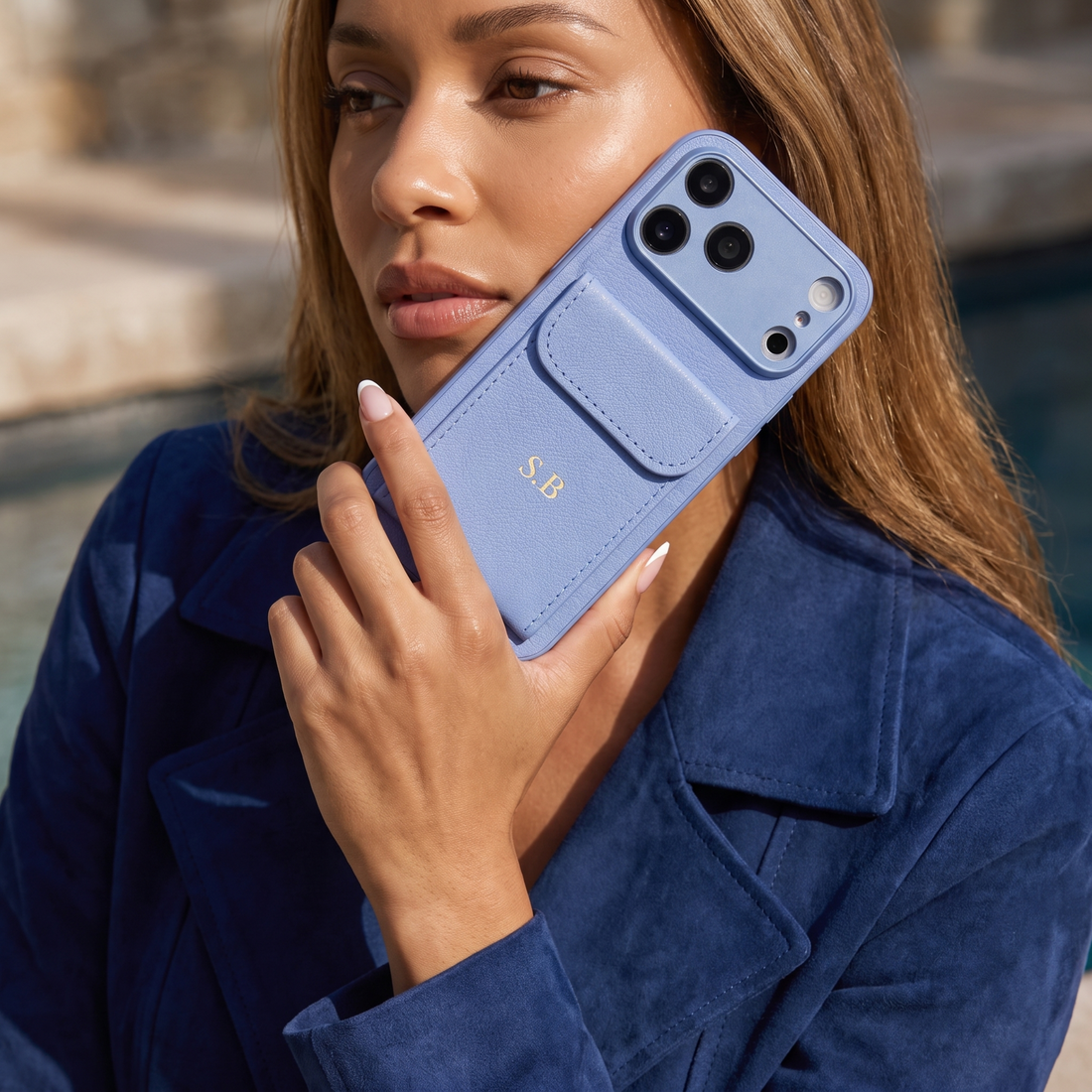 Light Blue Personalized Leather iPhone Case With Card Holder