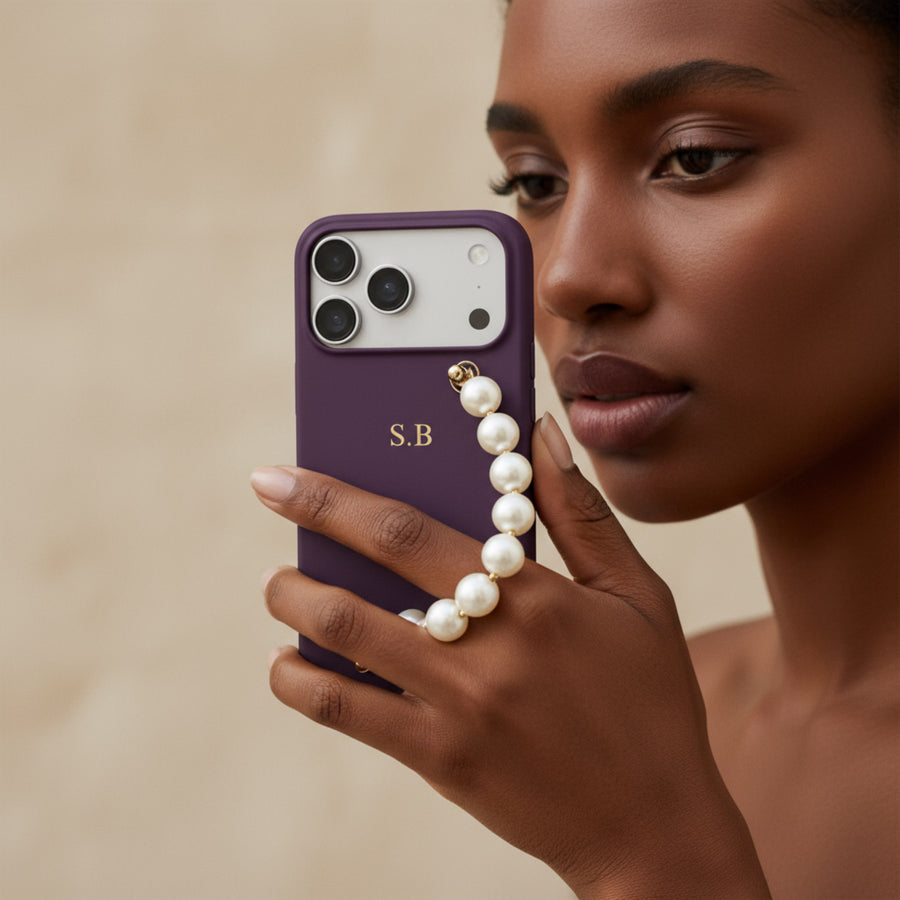 Purple Leather Magnetic iPhone Case with Pearl Strap