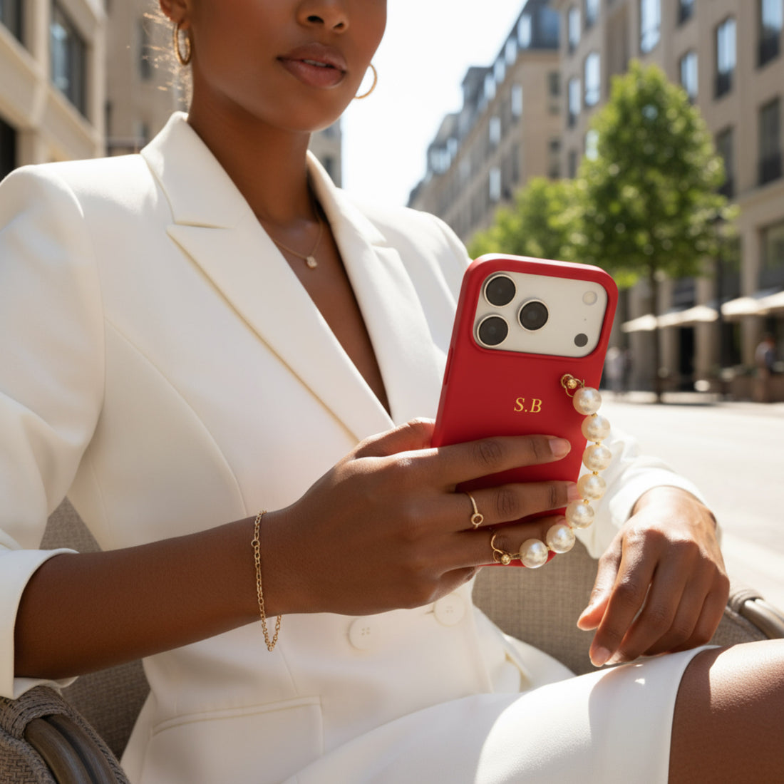 Red Leather Magnetic iPhone Case with Pearl Strap