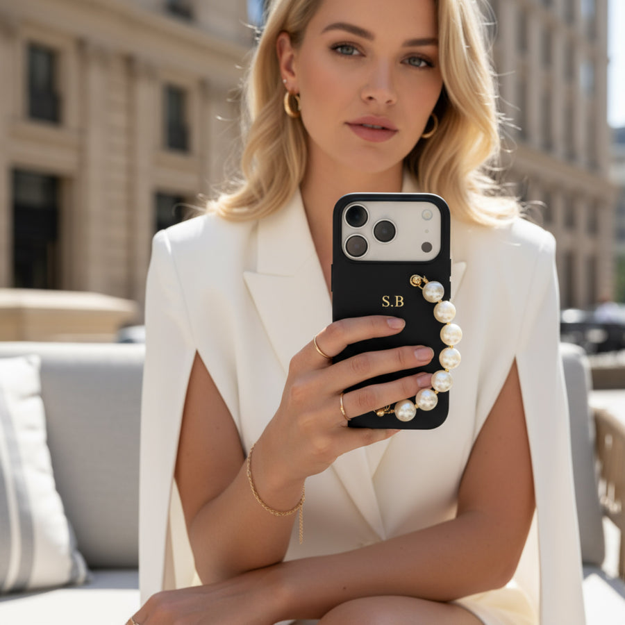 Black Leather Magnetic iPhone Case with Pearl Strap