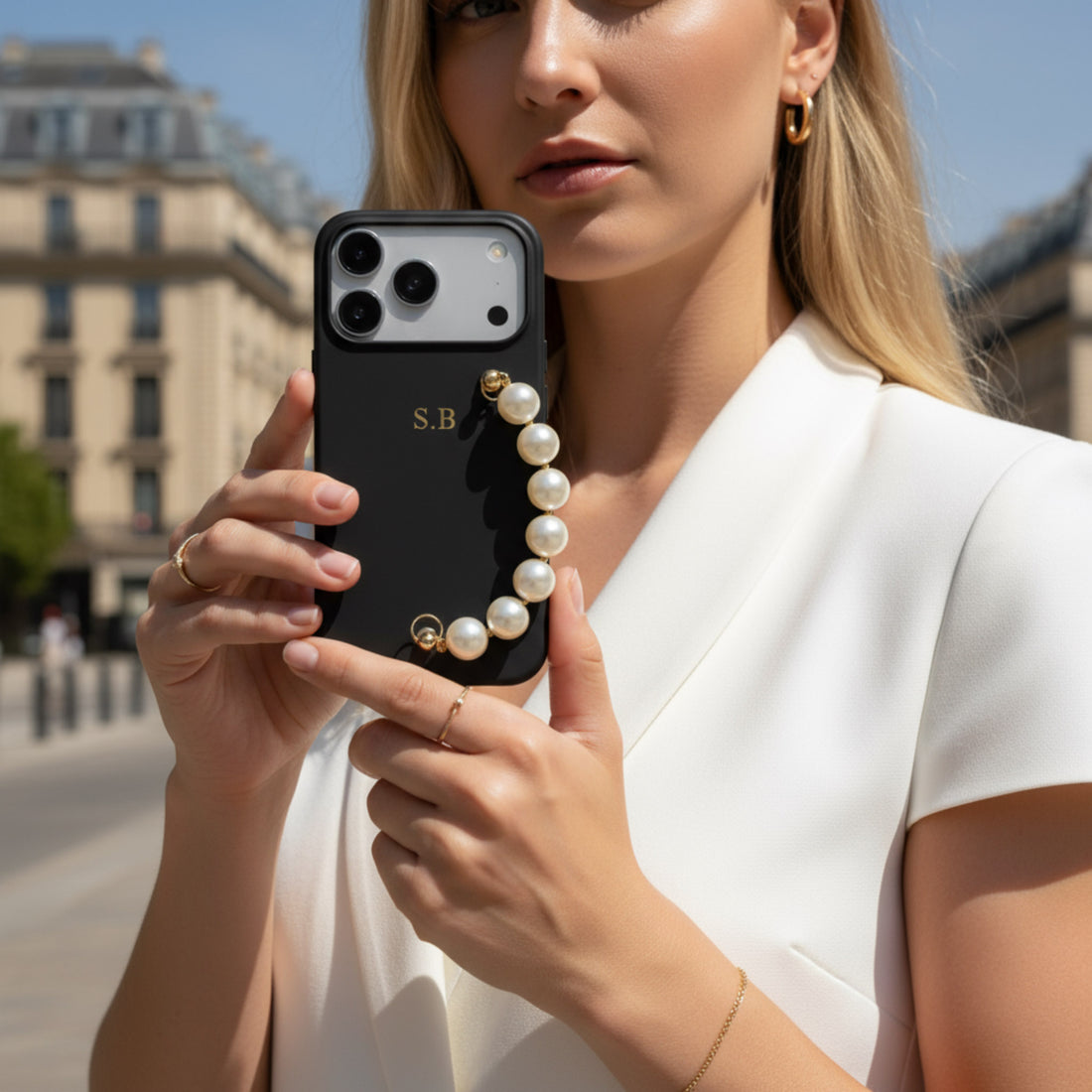 Black Leather Magnetic iPhone Case with Pearl Strap