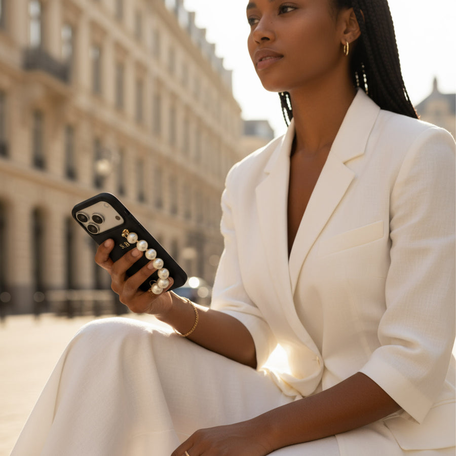 Black Leather Magnetic iPhone Case with Pearl Strap