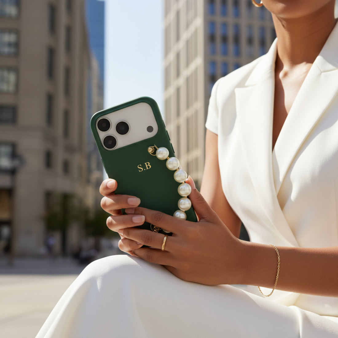 Green Leather Magnetic iPhone Case with Pearl Strap