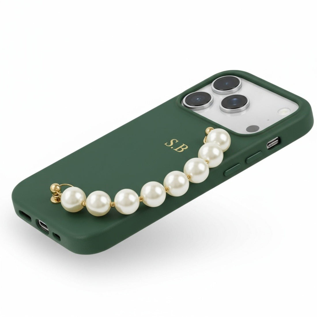 Green Leather Magnetic iPhone Case with Pearl Strap