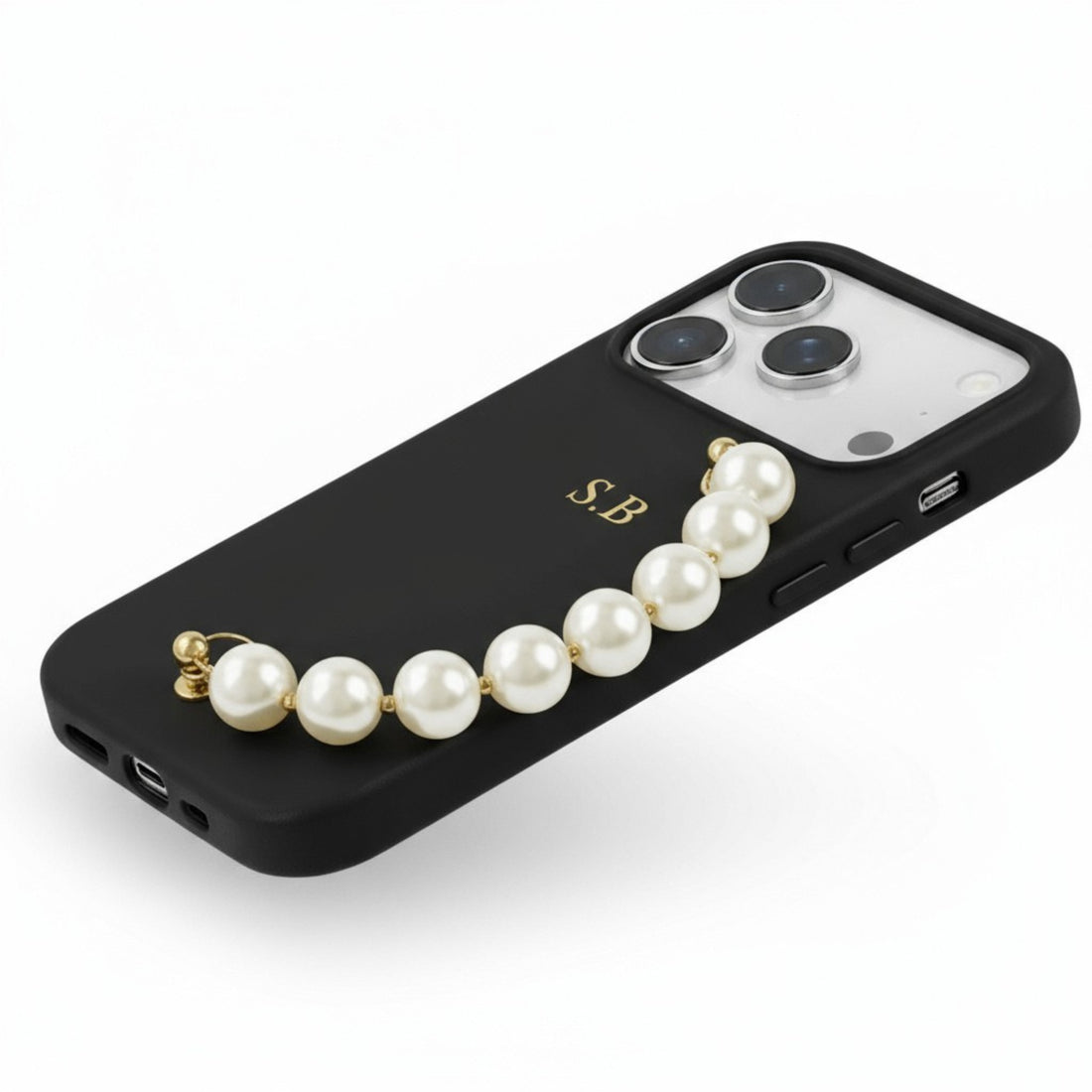Black Leather Magnetic iPhone Case with Pearl Strap
