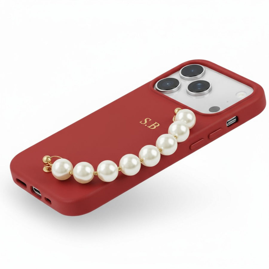 Red Leather Magnetic iPhone Case with Pearl Strap