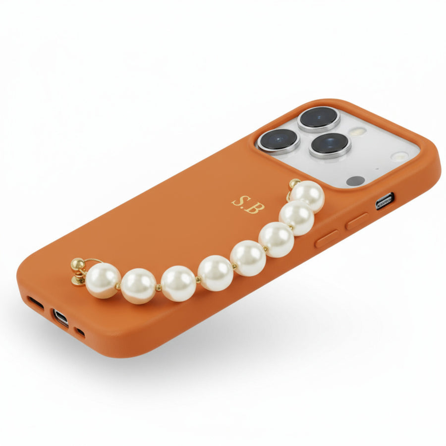 Orange Leather Magnetic iPhone Case with Pearl Strap