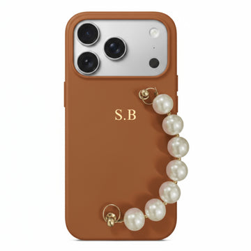 Brown Leather Magnetic iPhone Case with Pearl Strap