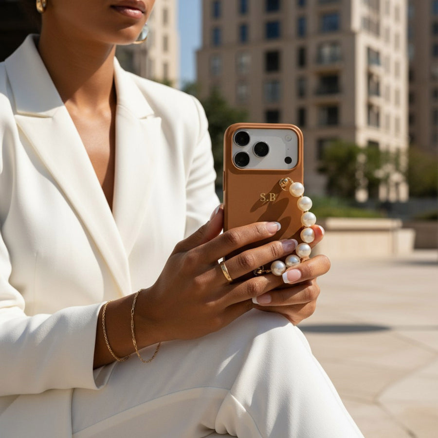 Brown Leather Magnetic iPhone Case with Pearl Strap