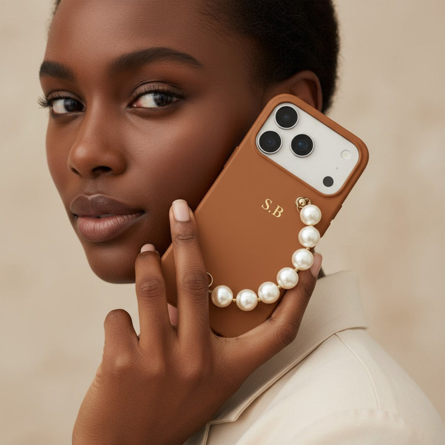 Brown Leather Magnetic iPhone Case with Pearl Strap