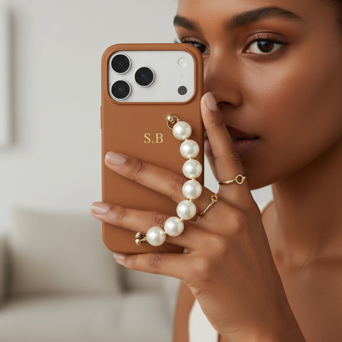 Brown Leather Magnetic iPhone Case with Pearl Strap