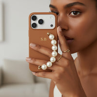 Brown Leather Magnetic iPhone Case with Pearl Strap