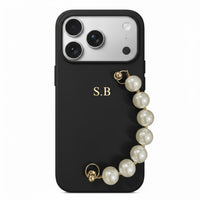 Black Leather Magnetic iPhone Case with Pearl Strap