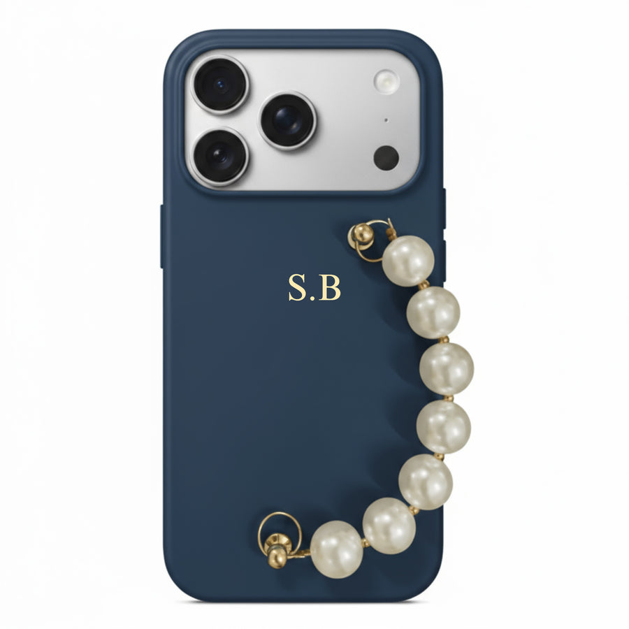 Blue Leather Magnetic iPhone Case with Pearl Strap