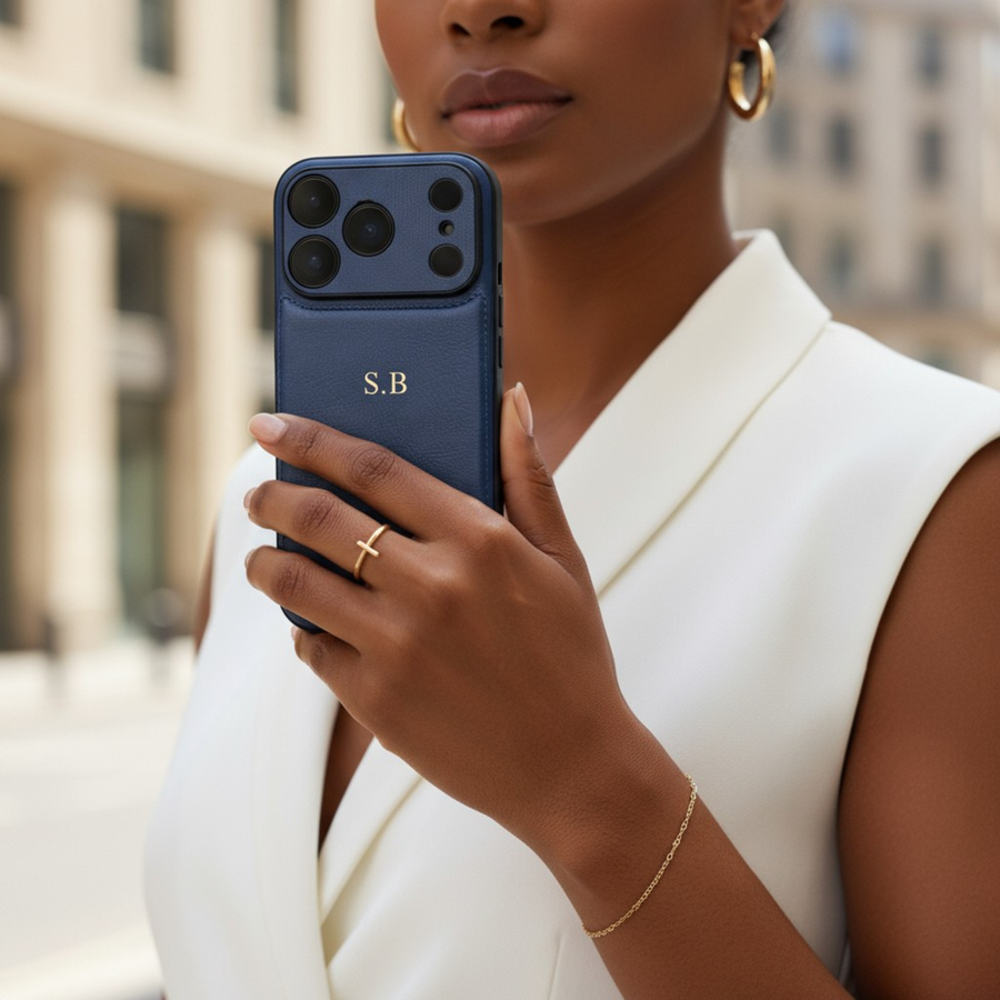 Blue Personalized Monogram Leather iPhone Case