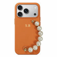 Orange Leather Magnetic iPhone Case with Pearl Strap