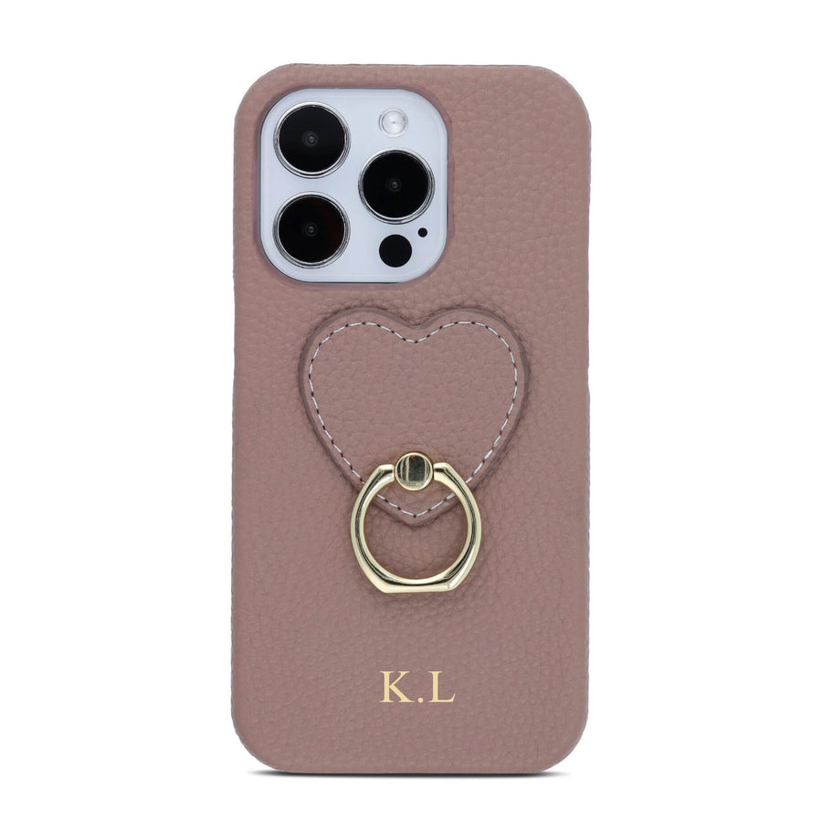 Khaki-pebble-leather-personalized-iphone-case-with-gold-ring-holder
