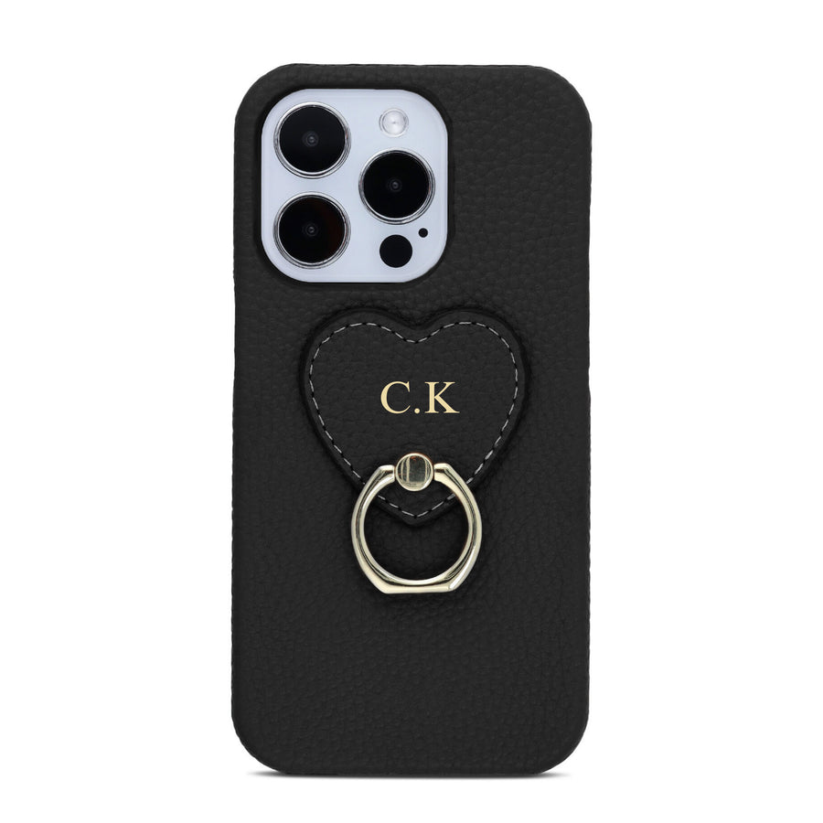 Black-pebble-leather-personalized-iphone-case-with-gold-ring-holder