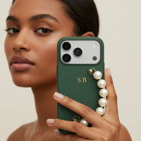 Green Leather Magnetic iPhone Case with Pearl Strap