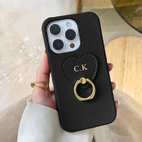 Black-pebble-leather-personalized-iphone-case-with-gold-ring-holder