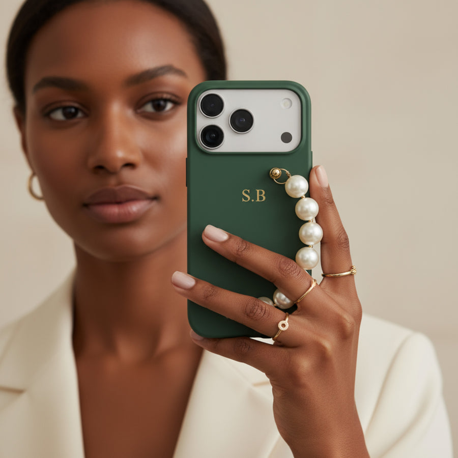 Green Leather Magnetic iPhone Case with Pearl Strap