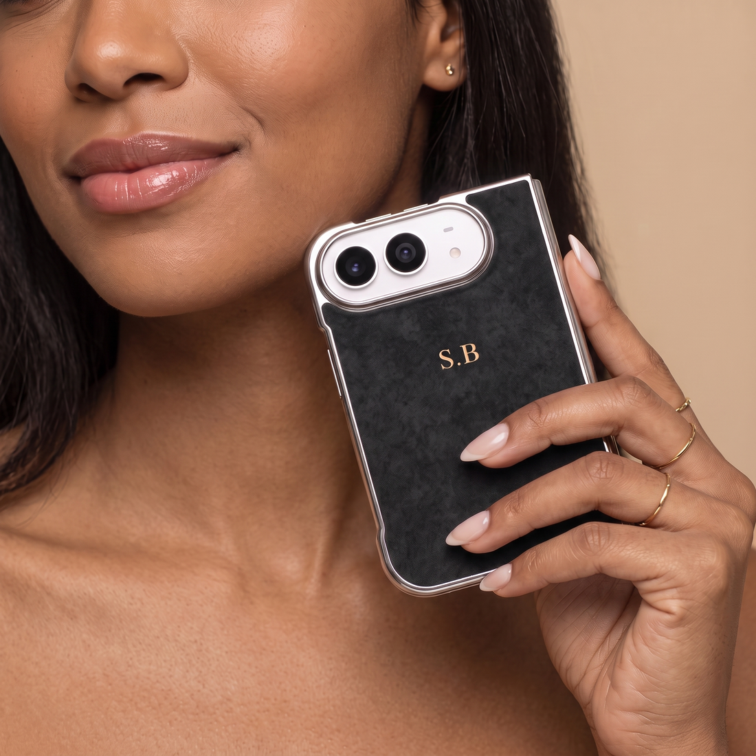 Black Lambskin Leather Custom iPhone Duo Case