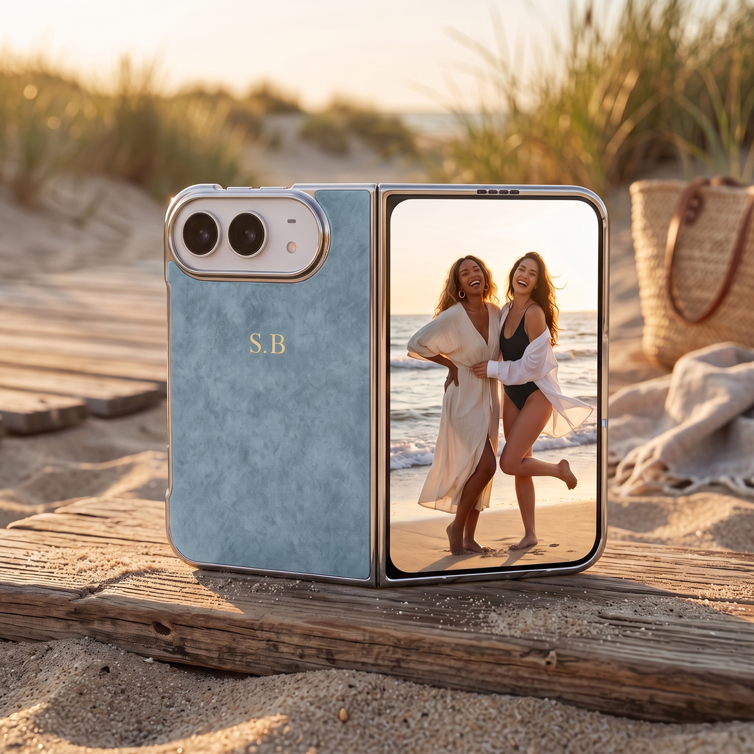 Light Blue Lambskin Leather Custom iPhone Duo Case
