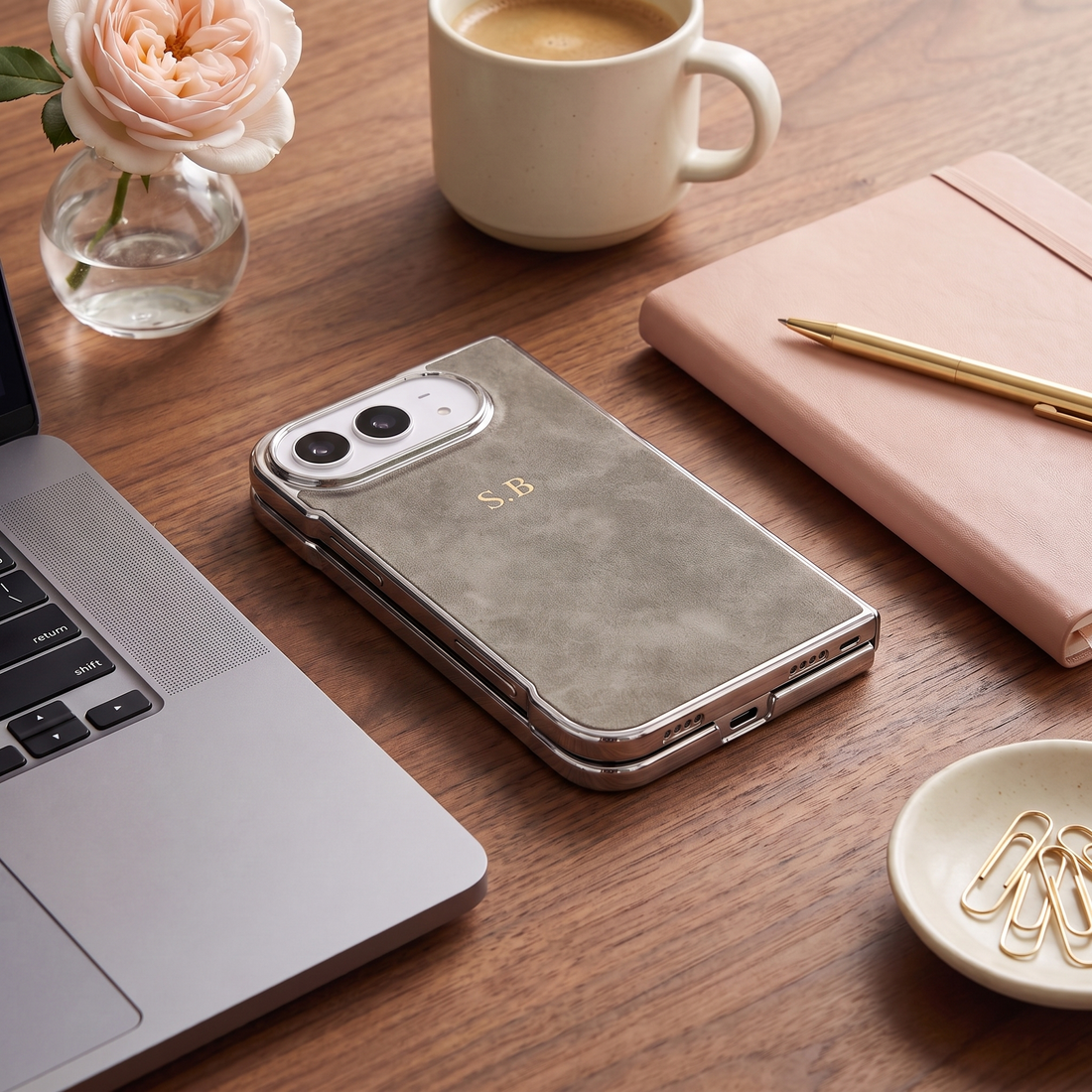 Grey Lambskin Leather Custom iPhone Duo Case