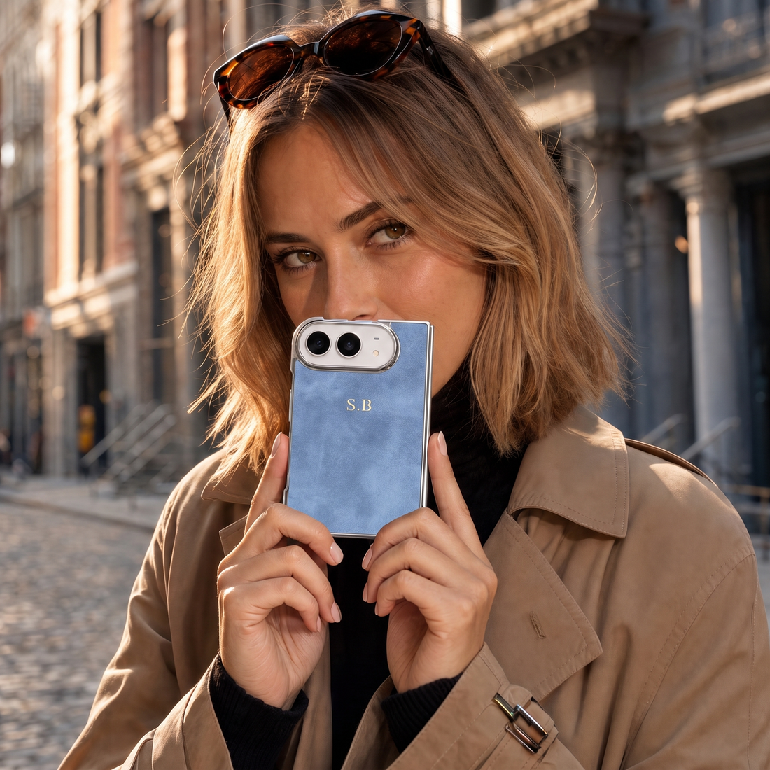 Blue Lambskin Leather Custom iPhone Duo Case